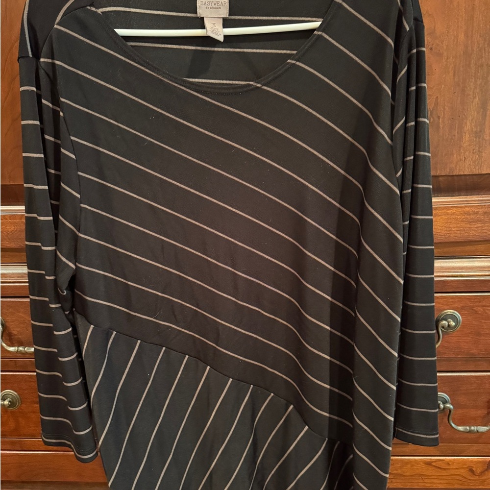 Black and neutral Striped Asymmetrical Top Chico’s Easywear
